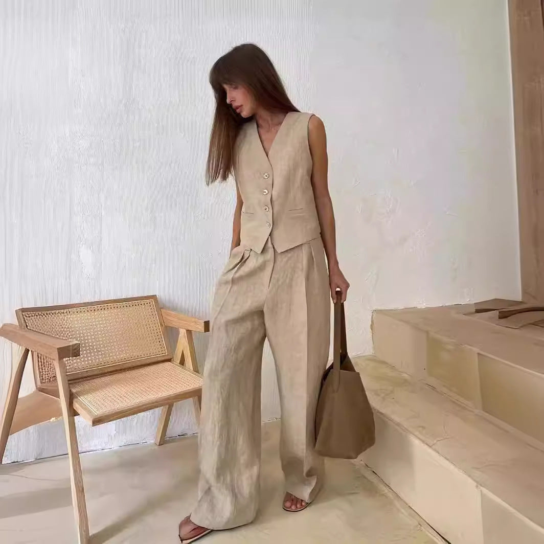 Dame elegant linned blazer og løstsiddende bukser sæt Stilla
