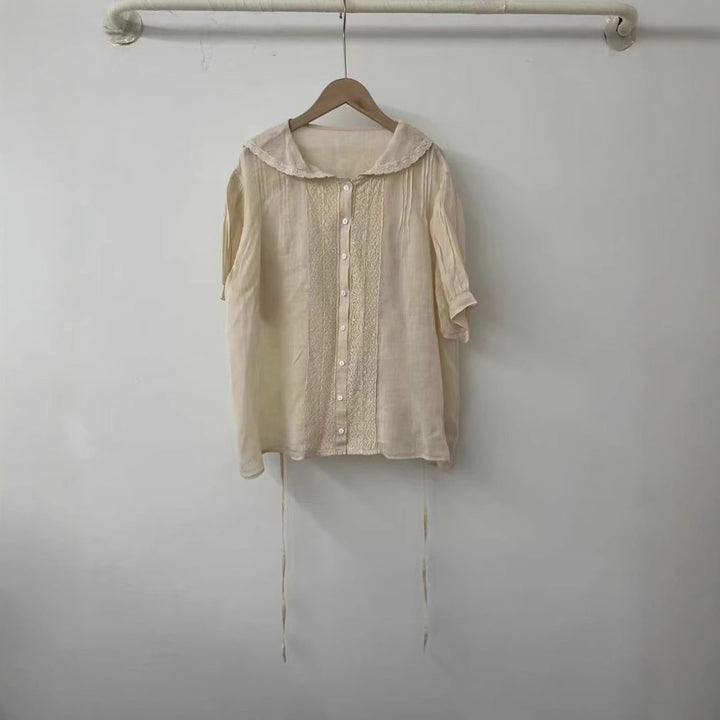 Dame Button-Up Bluse med spidsekrave og justerbart bånd Stilla