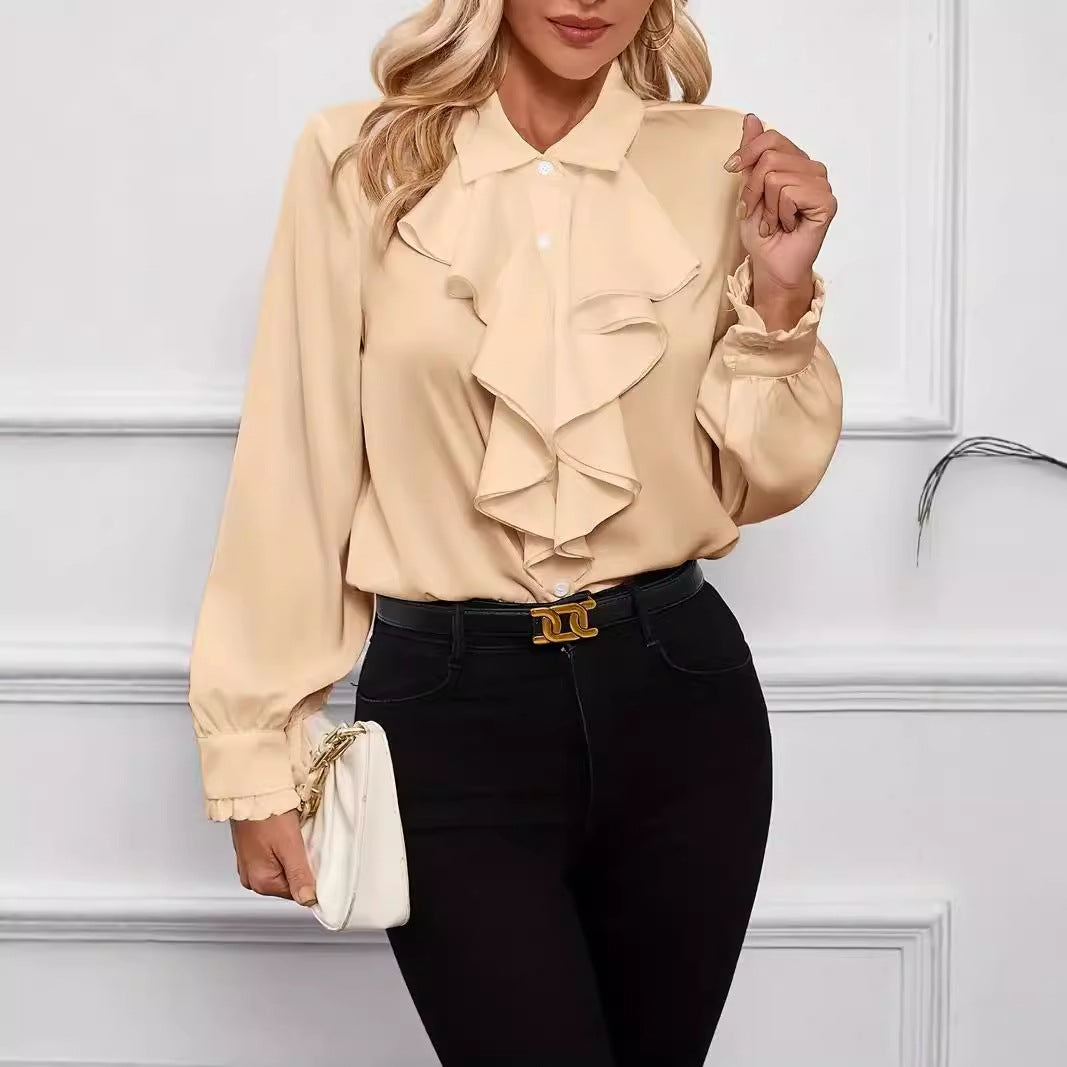 Dame elegant flæsebluse med lange ærmer og feminin silhuet Stilla
