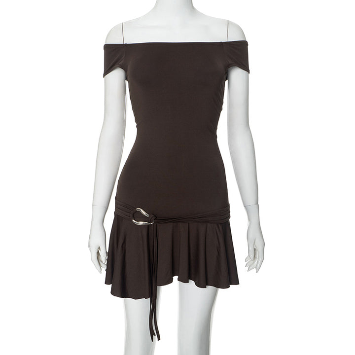 Dame Off-Shoulder Flared Hem Mini Kjole med justerbart bælte Stilla