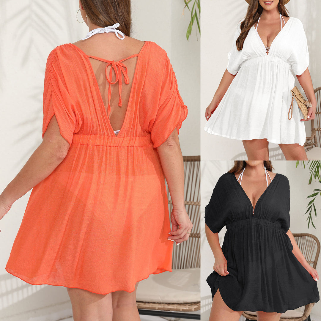 Dame elegant strandkaftan med dyb V-udskæring og vidt skårne ærmer Skovae