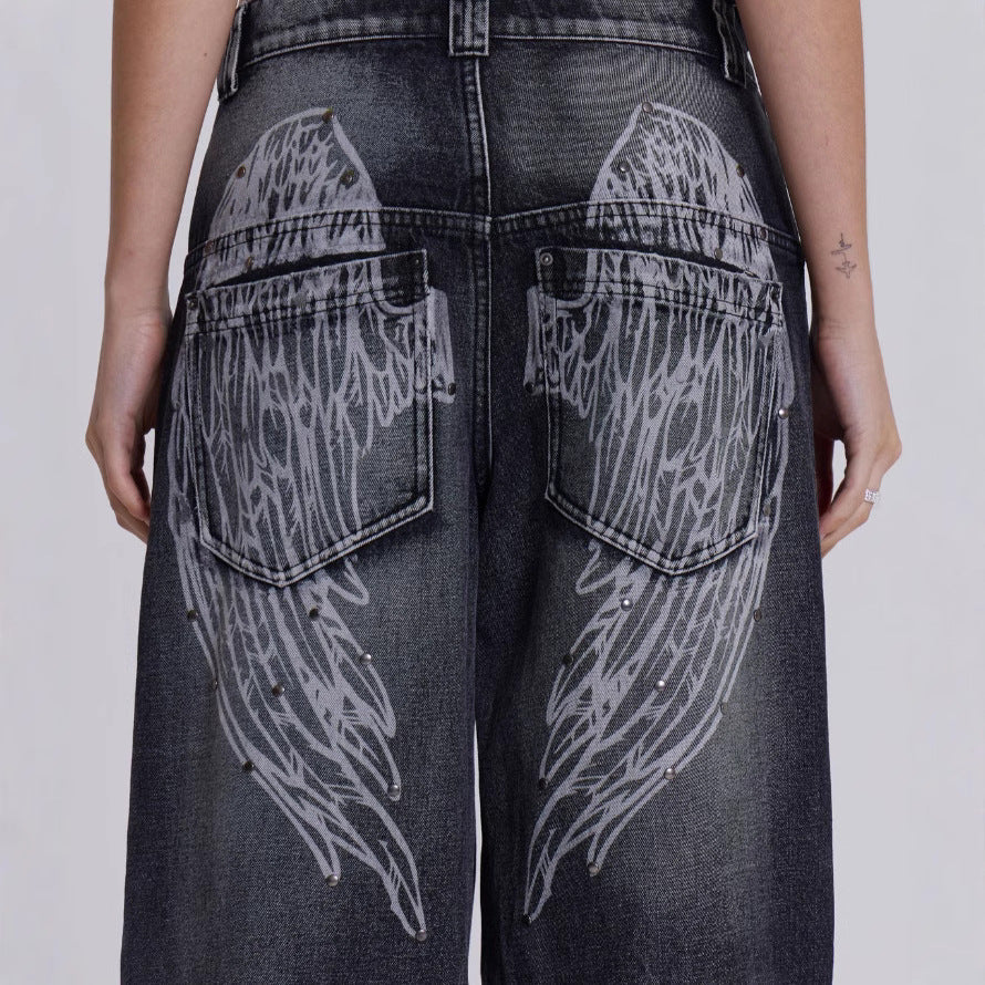 Dame brede jeans med kunstnerisk vinge-design og unikke detaljer Skovae