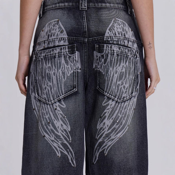 Dame brede jeans med kunstnerisk vinge-design og unikke detaljer Skovae