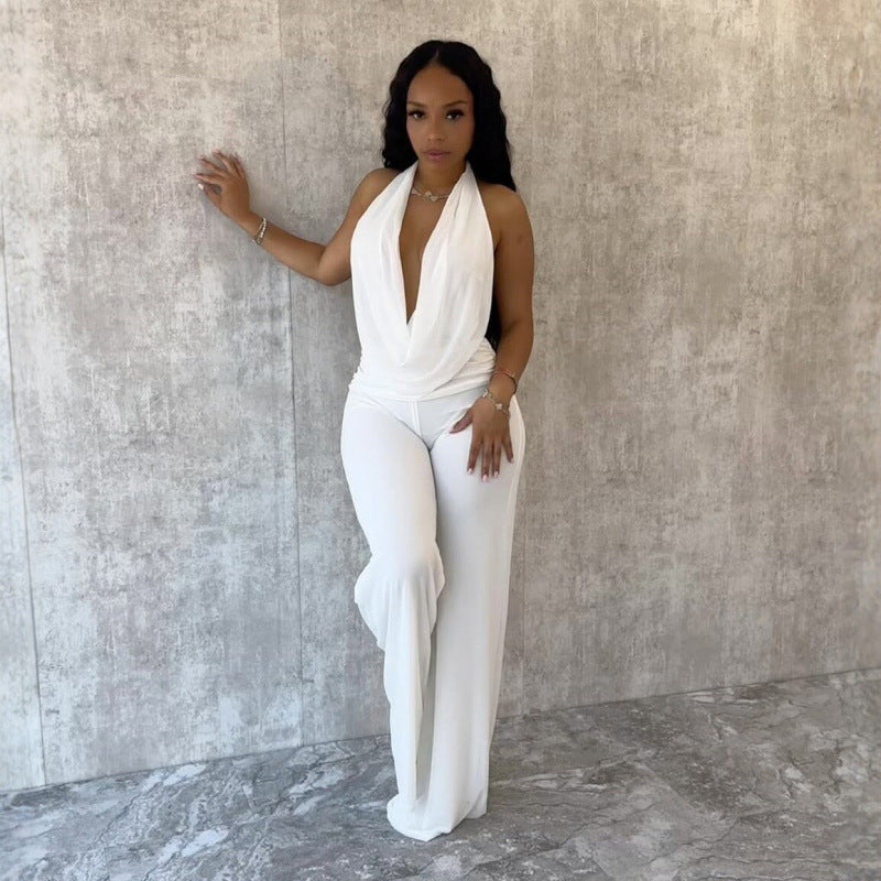Damer Elegant Deep-V Jumpsuit med buet ryg og bred skåret ben Skovae