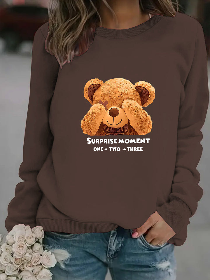 Dame sweatshirt med sødt bjørnedesign og moderne bogstaver Skovae