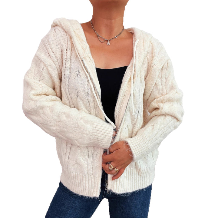 Kvindernes stripe chunky strik zip hættejakke med hætte og blødt materiale Stilla