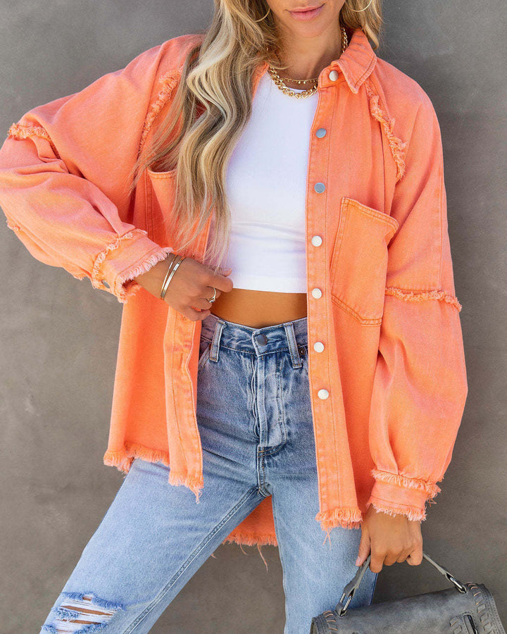 Damer Oversized Denim-Skortejakke med frynset kant og patchwork-detalje Stilla