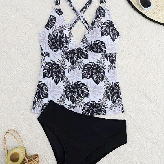 Dame Tankini sæt med blomsterdesign top og klassisk bikini bukser Skovae