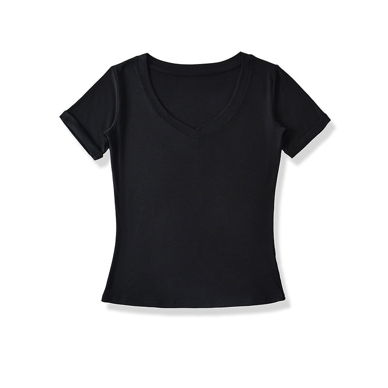 Dame V-hals T-shirt i åndbart bomuldsblandingsmateriale med figursyet snit Stilla