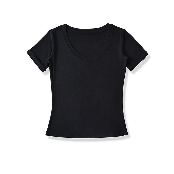 Dame V-hals T-shirt i åndbart bomuldsblandingsmateriale med figursyet snit Stilla