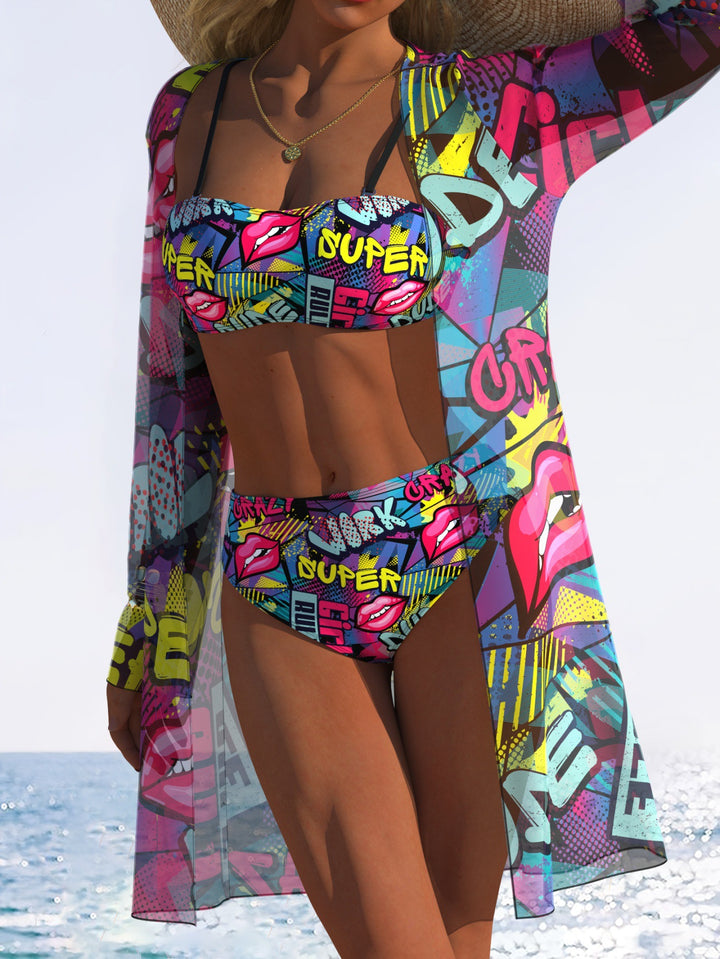 Dame Bikini-sæt med blomstret design og transparent strandjakke Skovae