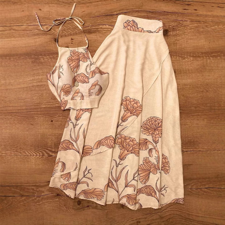 Dame sommerligt crop-top og maxiskørt sæt med blomsterdesign Stilla