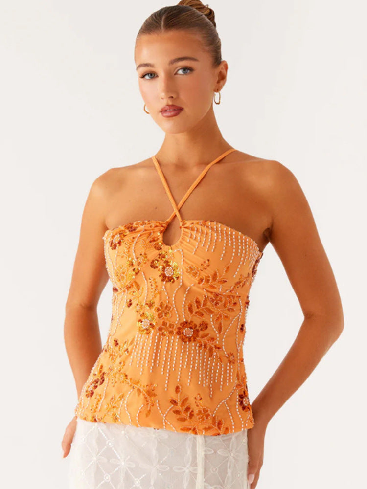 Kvinder Glitrende Bustier Top med Blomsterdesign og Funklende Applikationer