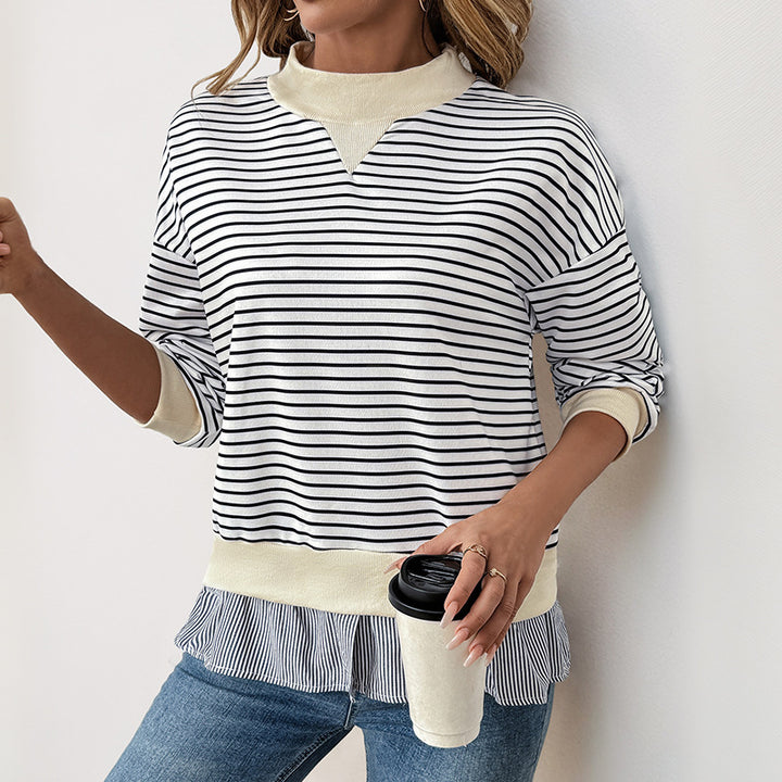 Kvindernes trendy sweatshirt med asymmetrisk stribemønster og flæse trim Stilla