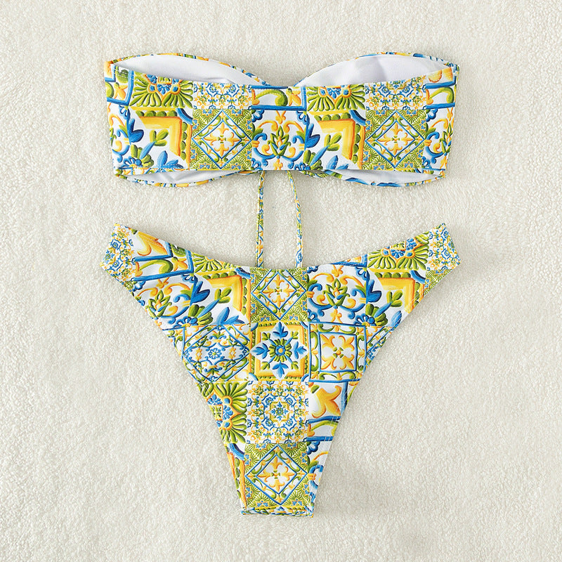 Dame bandeau-bikini med raffineret bindedetalje og blomsterprint Skovae