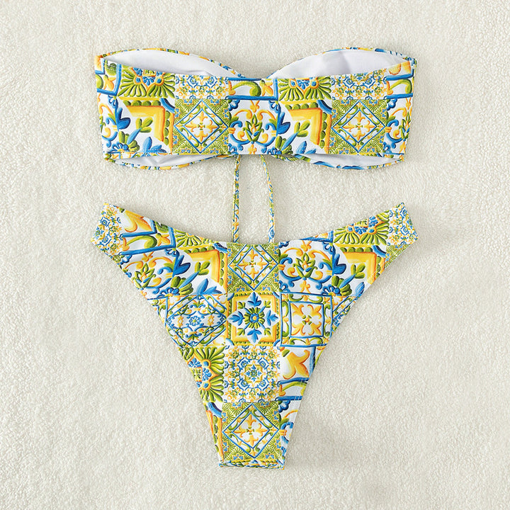 Dame bandeau-bikini med raffineret bindedetalje og blomsterprint Skovae