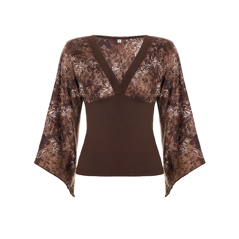 Dame langærmet bluse med voluminøse ærmer og floralt print Skovae