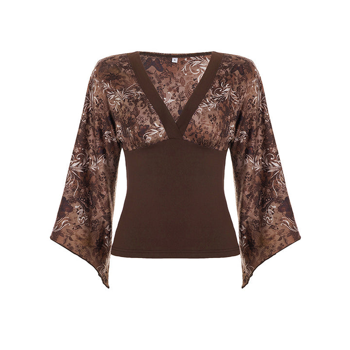 Dame langærmet bluse med voluminøse ærmer og floralt print Skovae