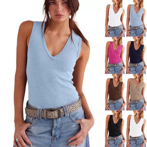 Dame V-hals tanktop med fin ribstruktur Stilla