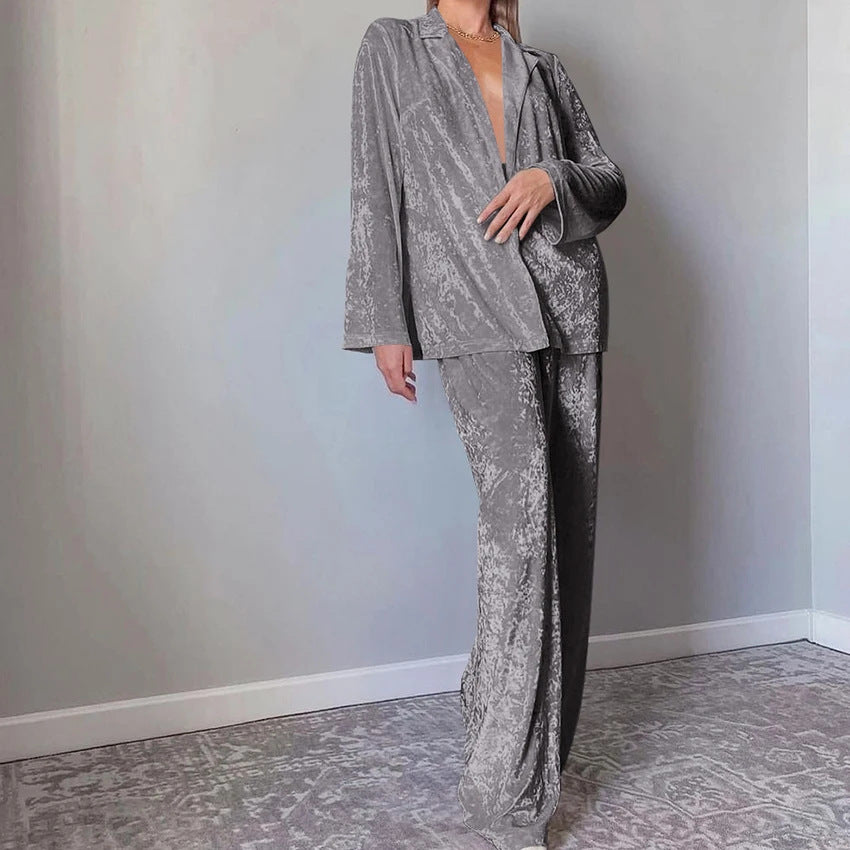 Dame luksuriøst velour loungewear sæt med bred pasform Stilla