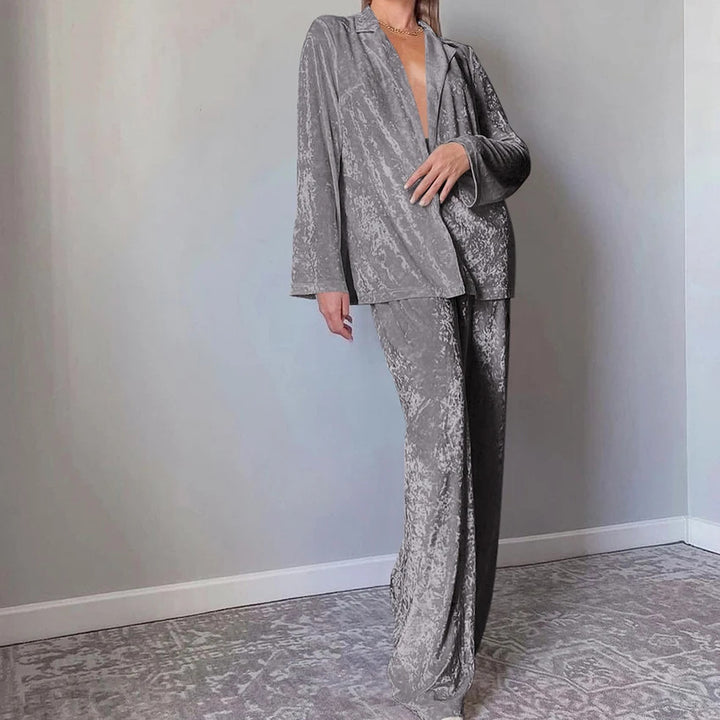 Dame luksuriøst velour loungewear sæt med bred pasform Stilla