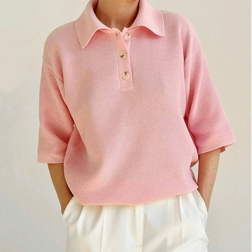 Dame polo shirt med luftig striktekstur og knapbar krave Stilla