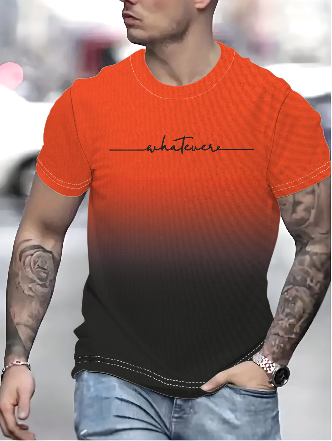 Herrer T-shirt med kreativ inskrift og moderne farvegradient Stilla