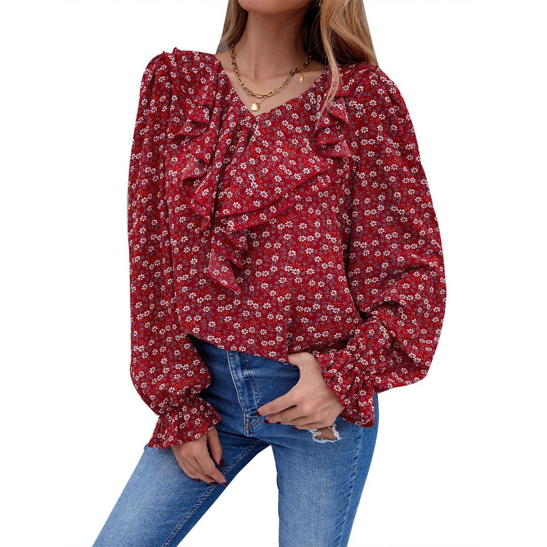 Damebluse med flæsedetaljer og blomster mønster Stilla