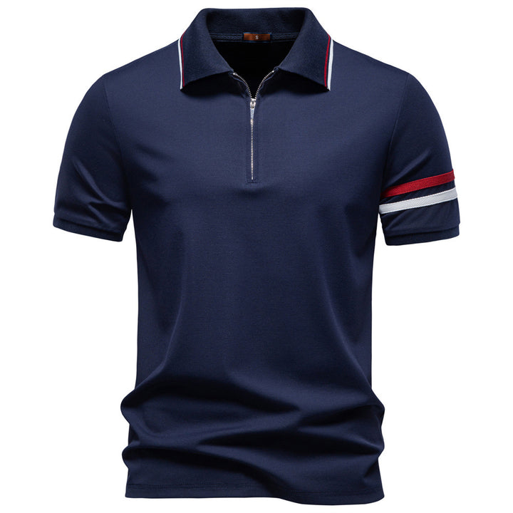 Herren nan åndbart elastisk poloshirt med kort lynlås og kontraststriber på ærmer Skovae
