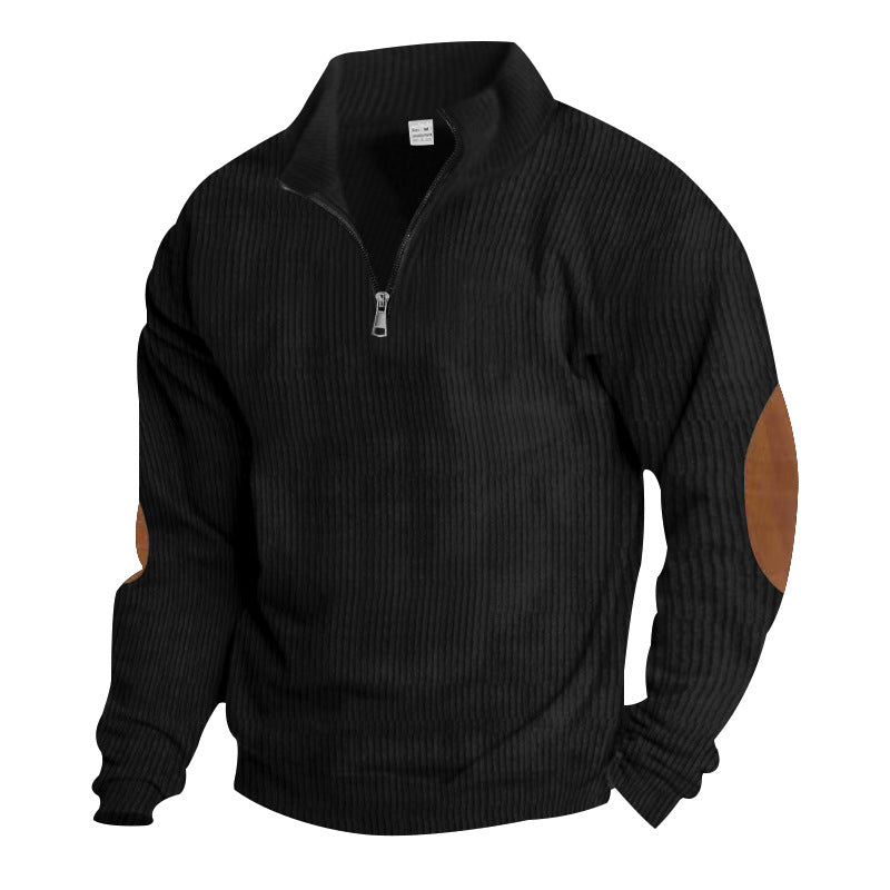 Herren nan ribbet finstrik pullover med kort lynlås ståkrave og læderlook albuepatches Skovae