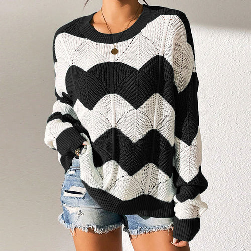 Kvinders strikket sweater med bølget mønster og løs pasform Stilla