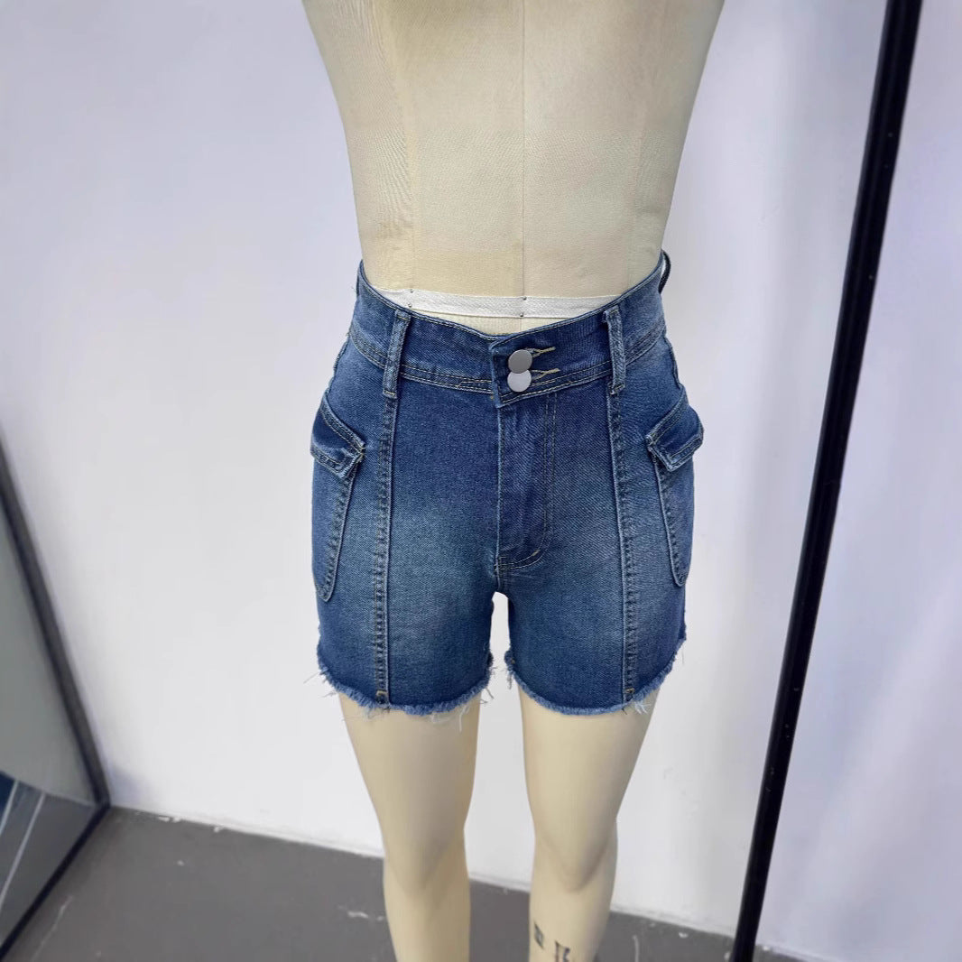 Dame Denim-shorts med høj talje og påsatte lommer Skovae