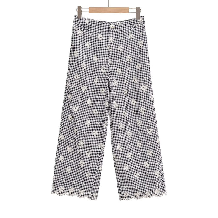 Dame bred gulerodsbukser med floralsk gingham-mønster og elegant kantdekoration Skovae