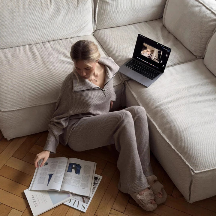 Kvinder Oversized Strikket Overall med Høj Krave og Halv Lynlås Skovae