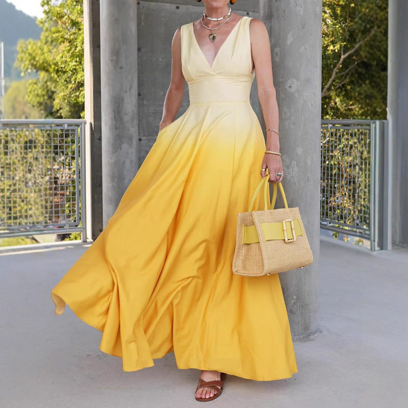 Dame Elegant V-Udskæring Farvegradient Maxi Kjole Stilla