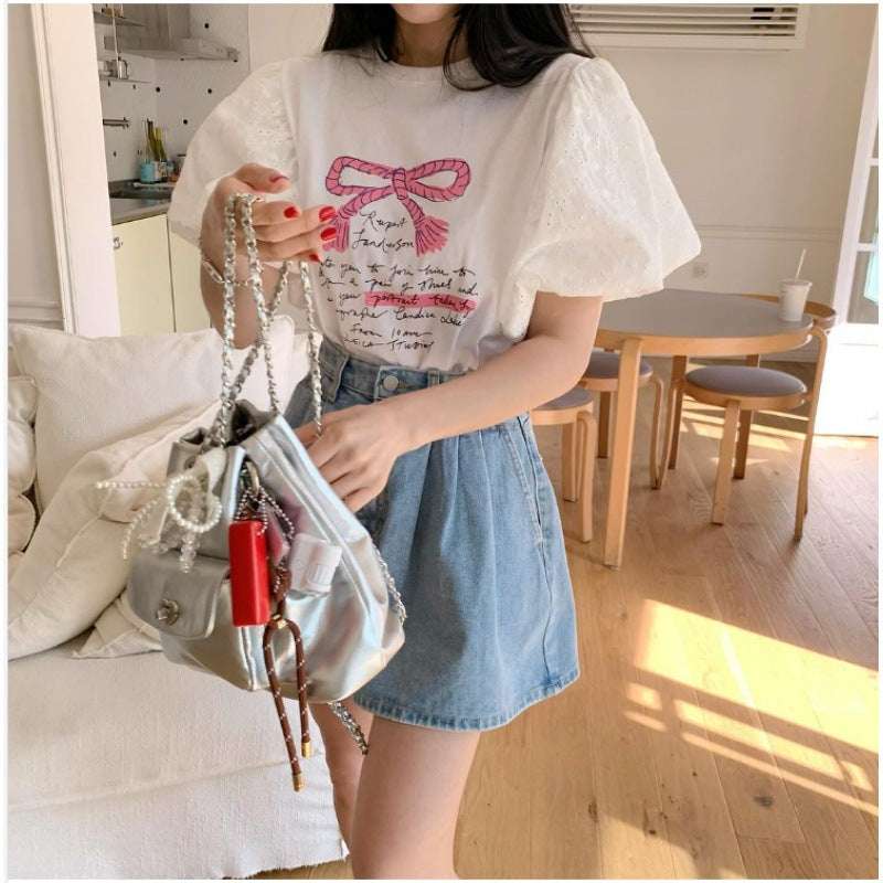 Dame Puffærmet Grafik T-shirt og høj talje Denim Shorts Sæt Stilla