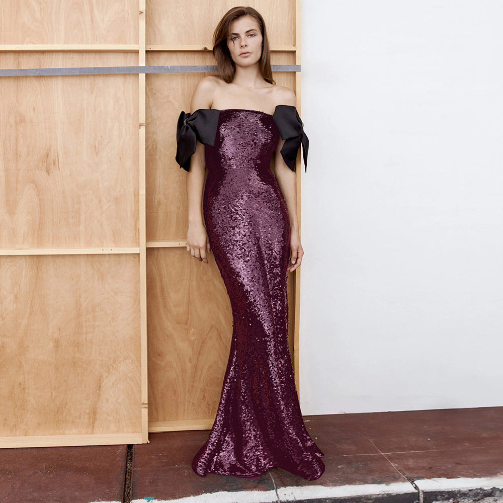 Dame Elegant Paillet-Maxikjole med off-shoulder design og dekorative sløjfer Skovae