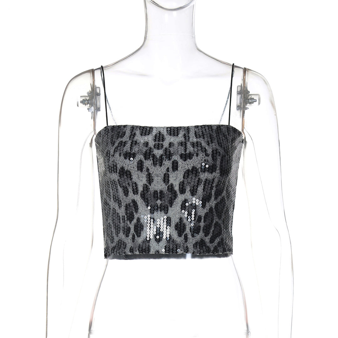 Dame crop-top med glitrende pailletter og leopardmønster Stilla