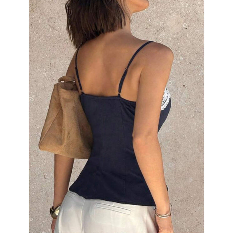 Damen Spaghetti-Träger Top mit elegantem Spitzenrand Skovae