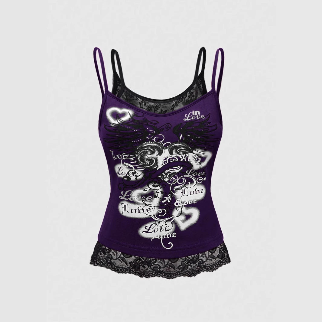 Dame Spids Cami Top med Grafisk Print Skovae