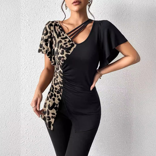 Dame nan asymmetrisk Stretch-tunika med leopardprint-sidestykke og flere stropper Skovae