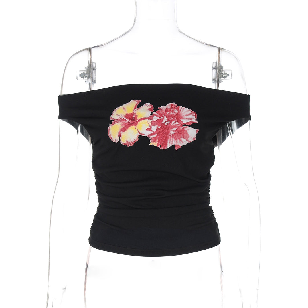 Dame Off-Shoulder Crop Top med blomstertrykt Stilla