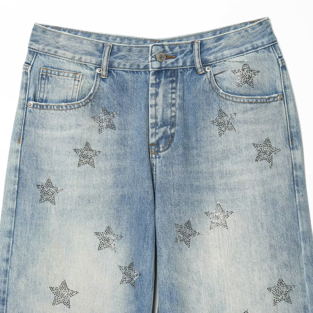 Dame denim jeans med funklende stjernemønster Skovae