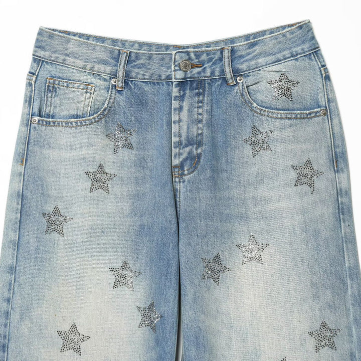Dame denim jeans med funklende stjernemønster Skovae