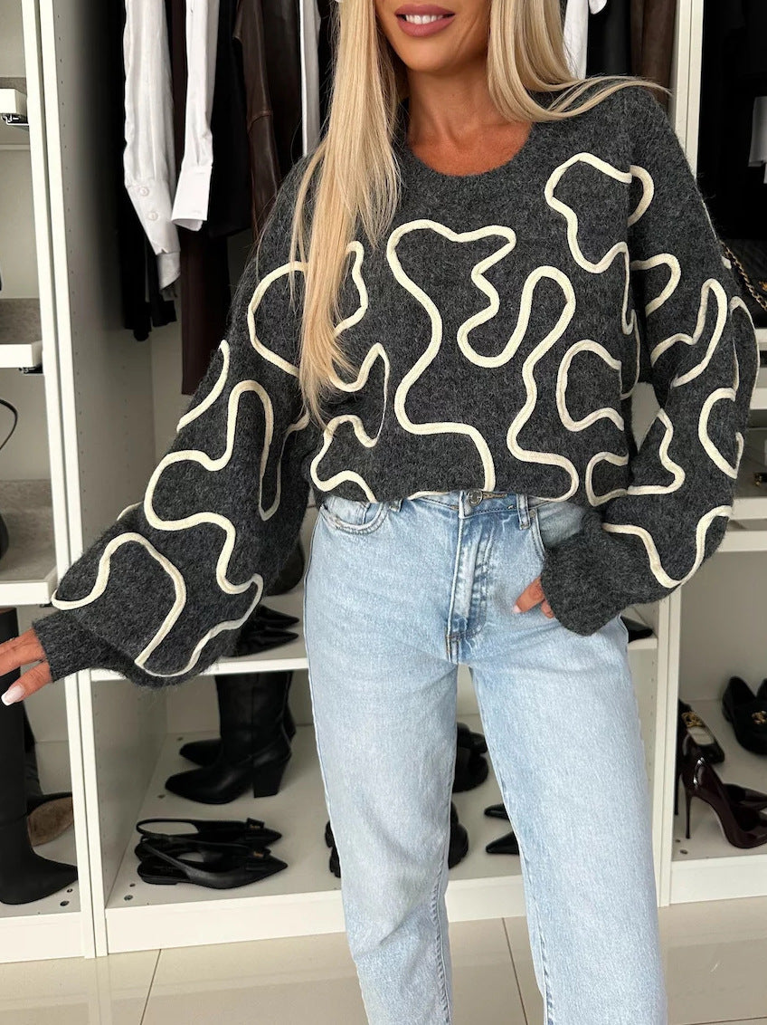 Kvindernes hyggelige strikkede sweater med kunstnerisk mønster Stilla