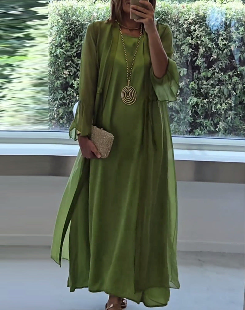 Dame nan elegante Lagd-aftenrobe med foret inderkjole, gennemsigtig chiffon-overtræk og taljejusterbare bånd Skovae