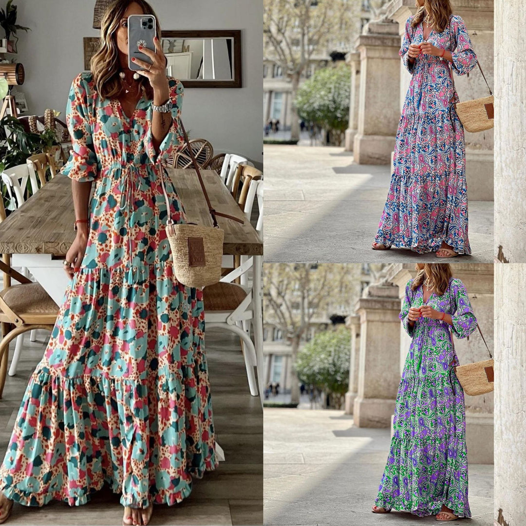 Dame Maxikjole med elegant paisley mønster og knapdetaljer Stilla