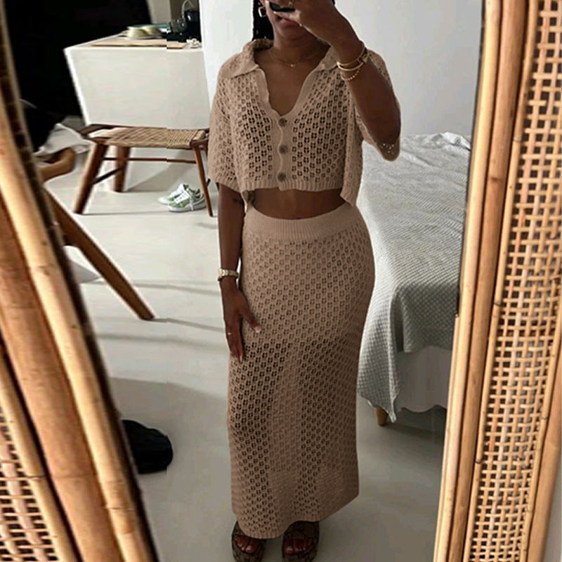 Dame hæklede Crop-Top og Maxi-Nederdel Sæt Skovae