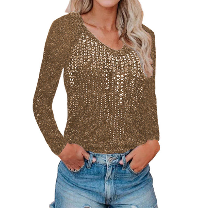 Dame Glitrende Sweatertop med elegant V-udskæring og trendy netdesign Stilla