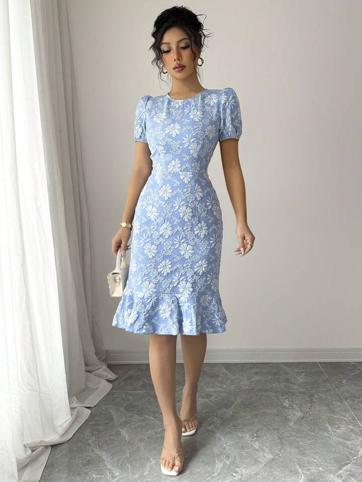 Dame Puffærmet Blomster Bodycon Kjole Stilla